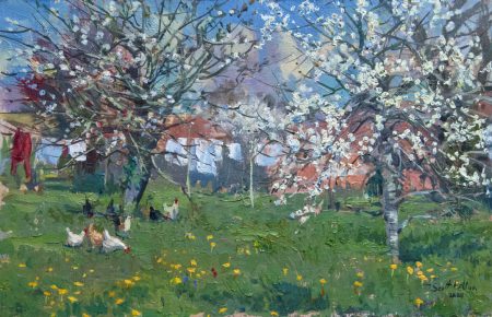 Chickens in spring orchard oil 22x32cm £550