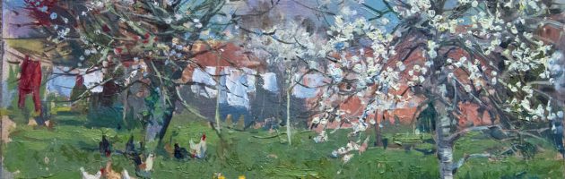 Chickens in spring orchard oil 22x32cm £550