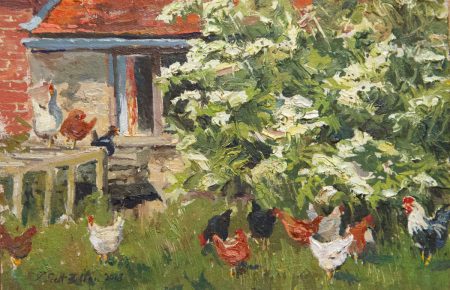 Elderflower chickens oil 14x21cm £240