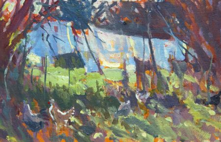 Evening washing and chickens oil 14x24cm £240