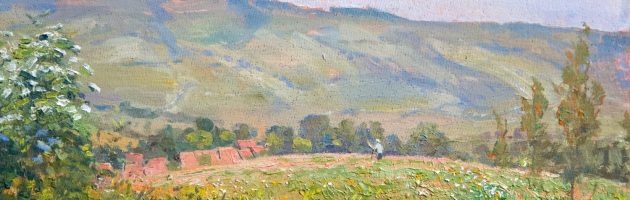 Artist in meadow oil 13x32cm
