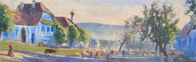 Early cows and blue house Oil 15x40cm